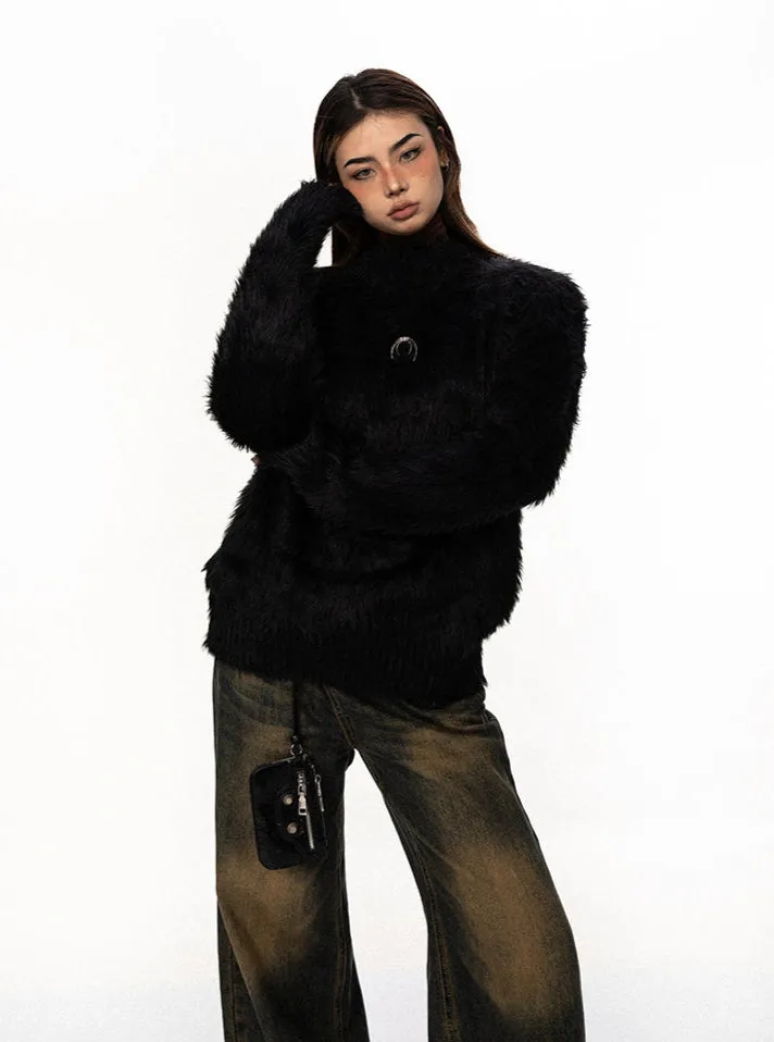 Mock Neck Faux Fur Sweater With Metal Logo Detail