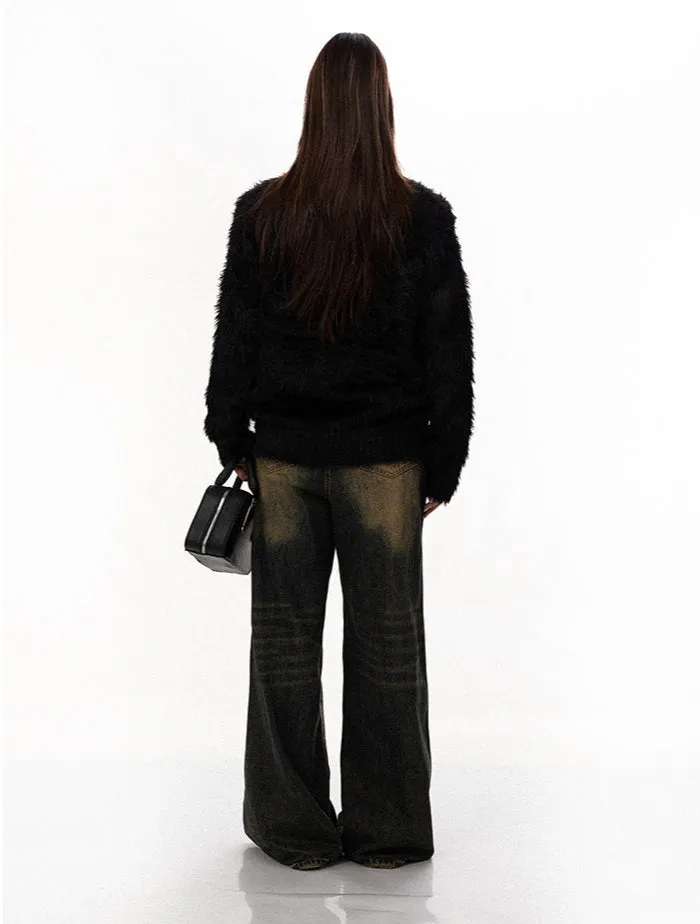 Mock Neck Faux Fur Sweater With Metal Logo Detail