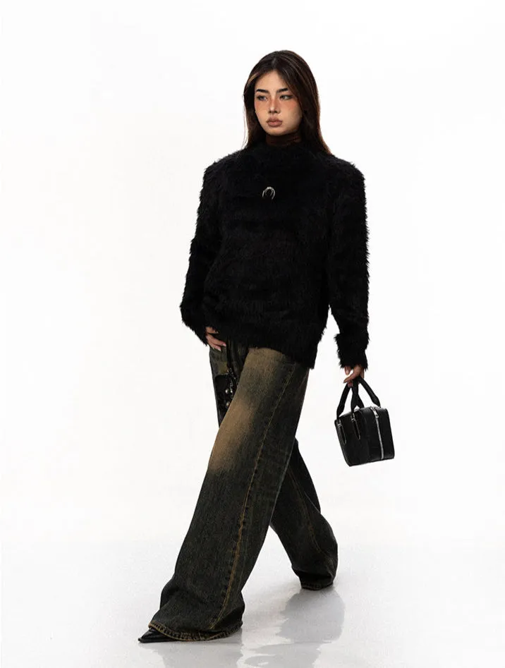 Mock Neck Faux Fur Sweater With Metal Logo Detail