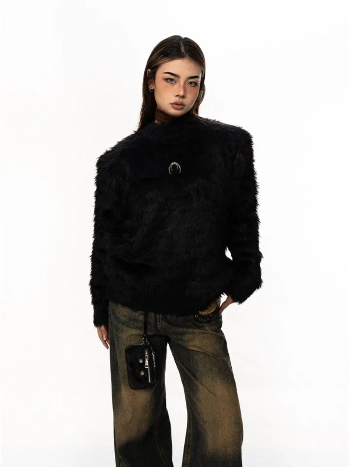 Mock Neck Faux Fur Sweater With Metal Logo Detail