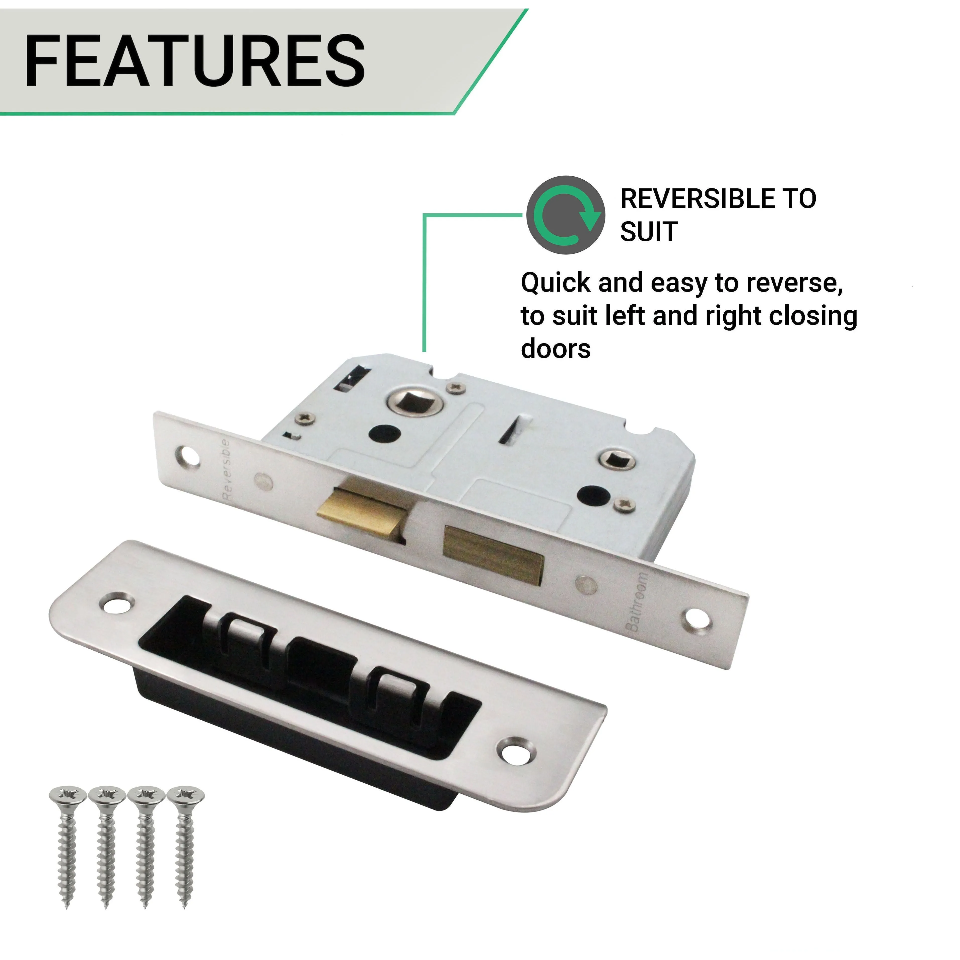 Mortice Bathroom Lock Fire Rated - 64mm Case 44mm Backset - Square Polished Stainless