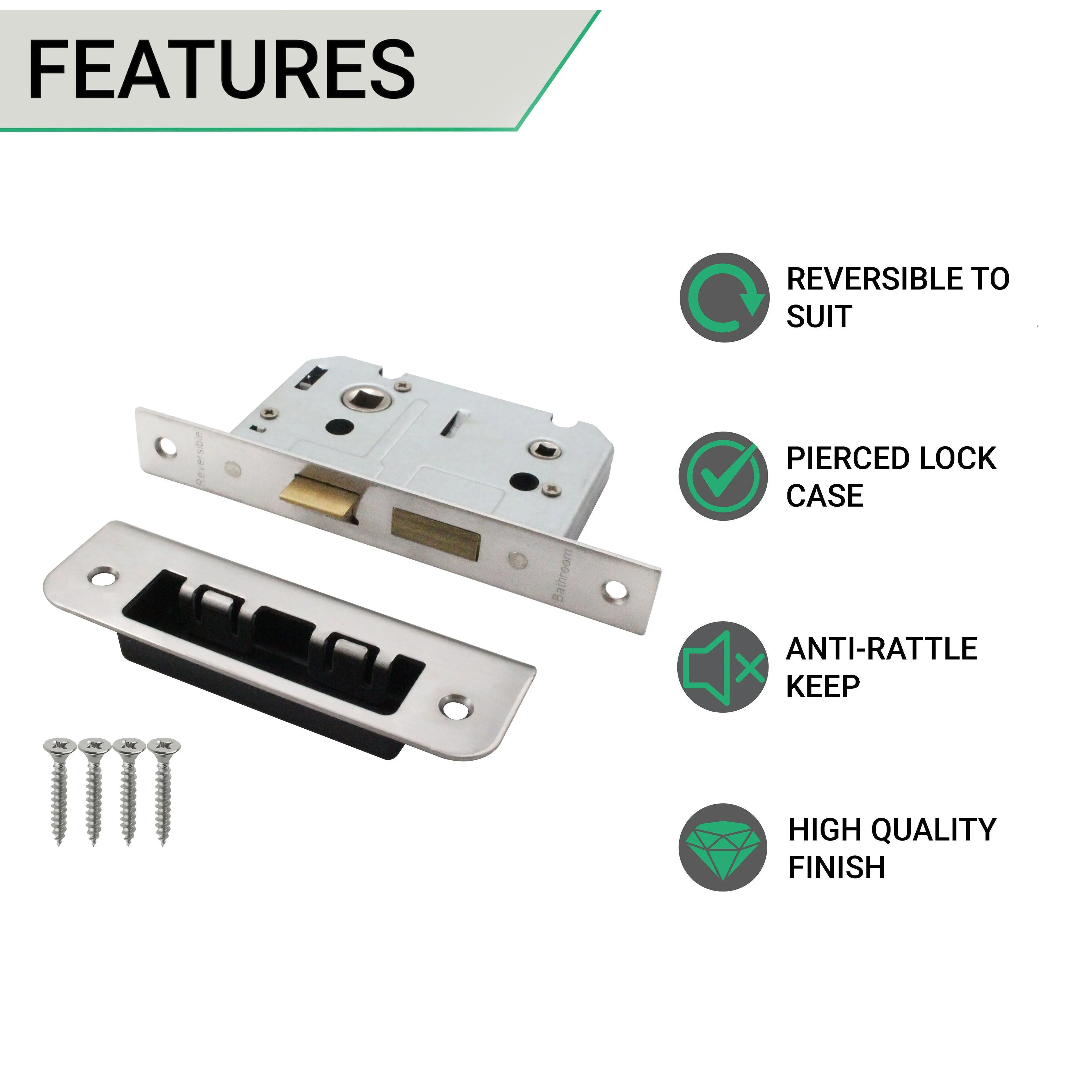 Mortice Bathroom Lock Fire Rated - 64mm Case 44mm Backset - Square Polished Stainless