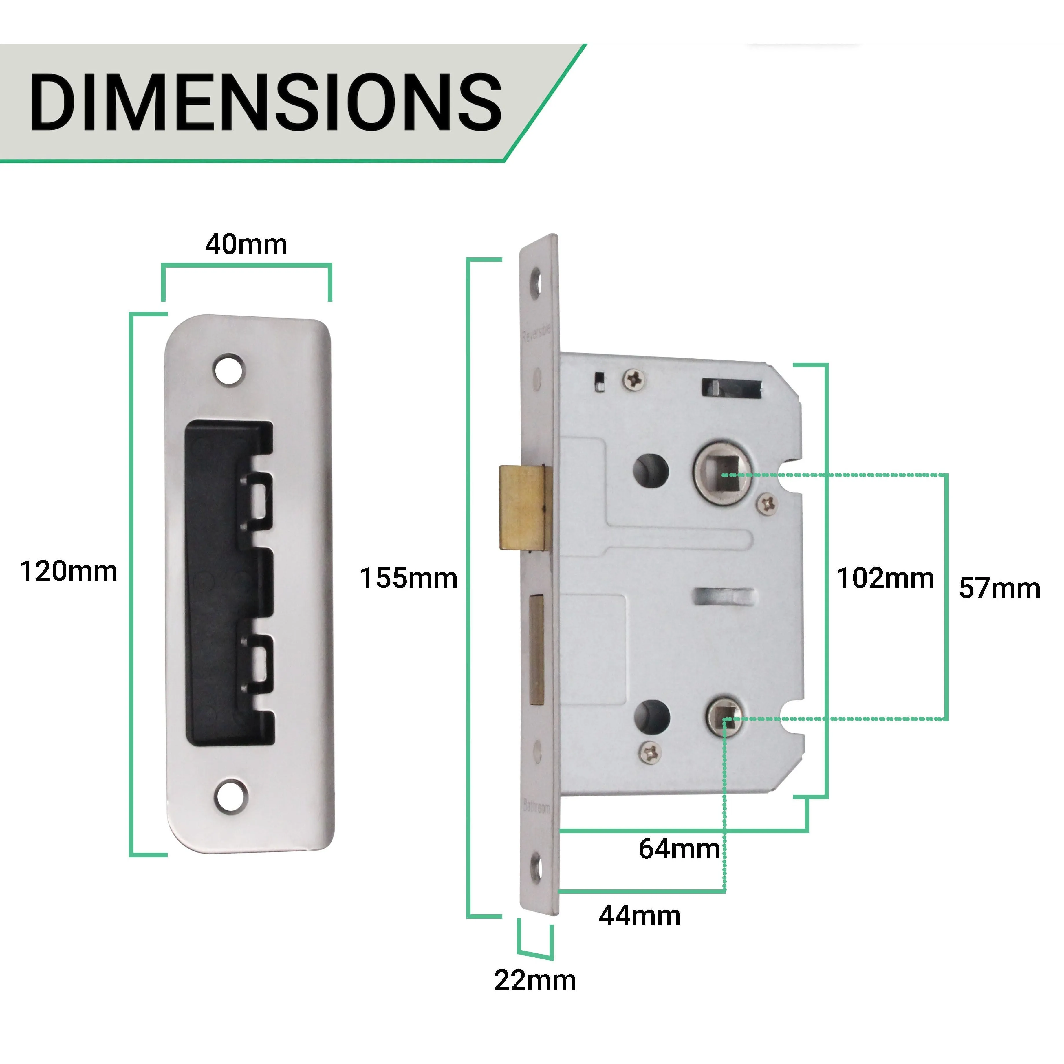 Mortice Bathroom Lock Fire Rated - 64mm Case 44mm Backset - Square Polished Stainless