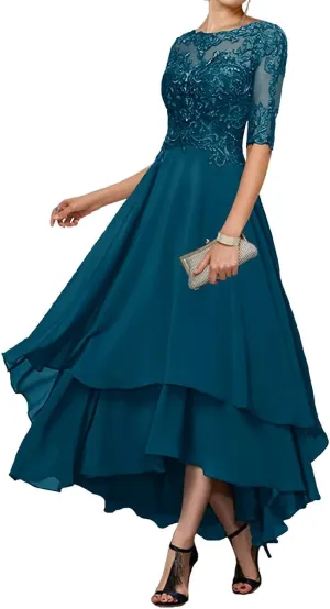 Mother-of-The-Bride-Dresses-for-Wedding Tea Length - Lace Tiered Chiffon Ruffled Formal Evening Gown