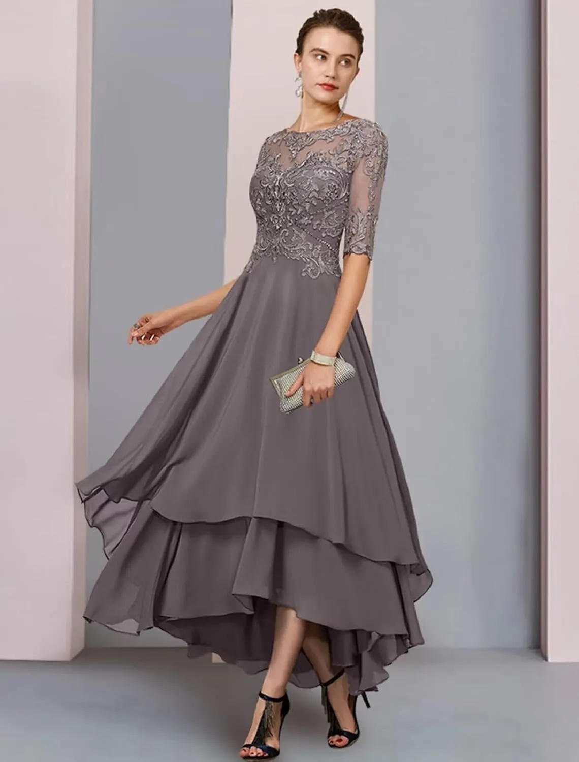 Mother-of-The-Bride-Dresses-for-Wedding Tea Length - Lace Tiered Chiffon Ruffled Formal Evening Gown