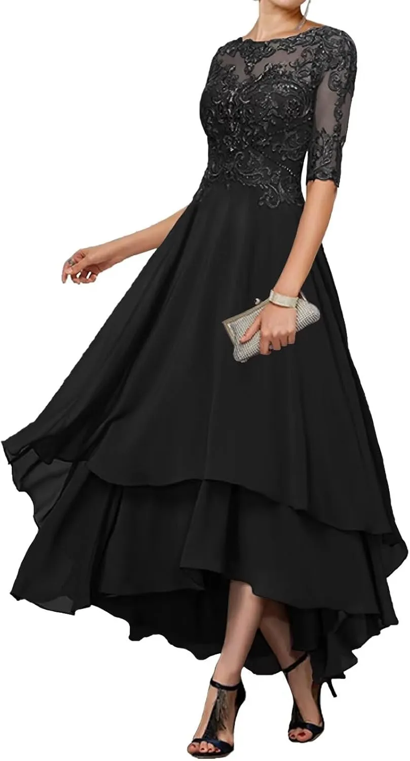 Mother-of-The-Bride-Dresses-for-Wedding Tea Length - Lace Tiered Chiffon Ruffled Formal Evening Gown