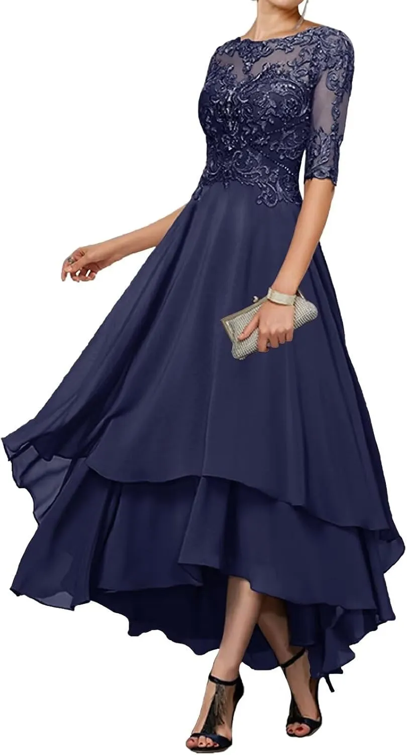 Mother-of-The-Bride-Dresses-for-Wedding Tea Length - Lace Tiered Chiffon Ruffled Formal Evening Gown