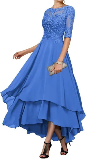 Mother-of-The-Bride-Dresses-for-Wedding Tea Length - Lace Tiered Chiffon Ruffled Formal Evening Gown
