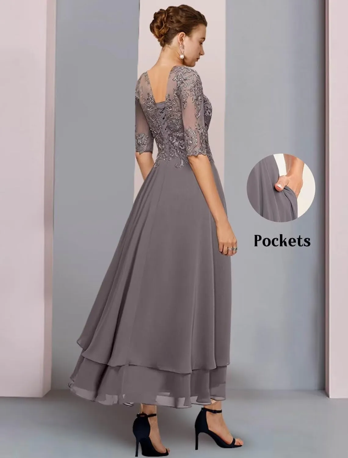 Mother-of-The-Bride-Dresses-for-Wedding Tea Length - Lace Tiered Chiffon Ruffled Formal Evening Gown