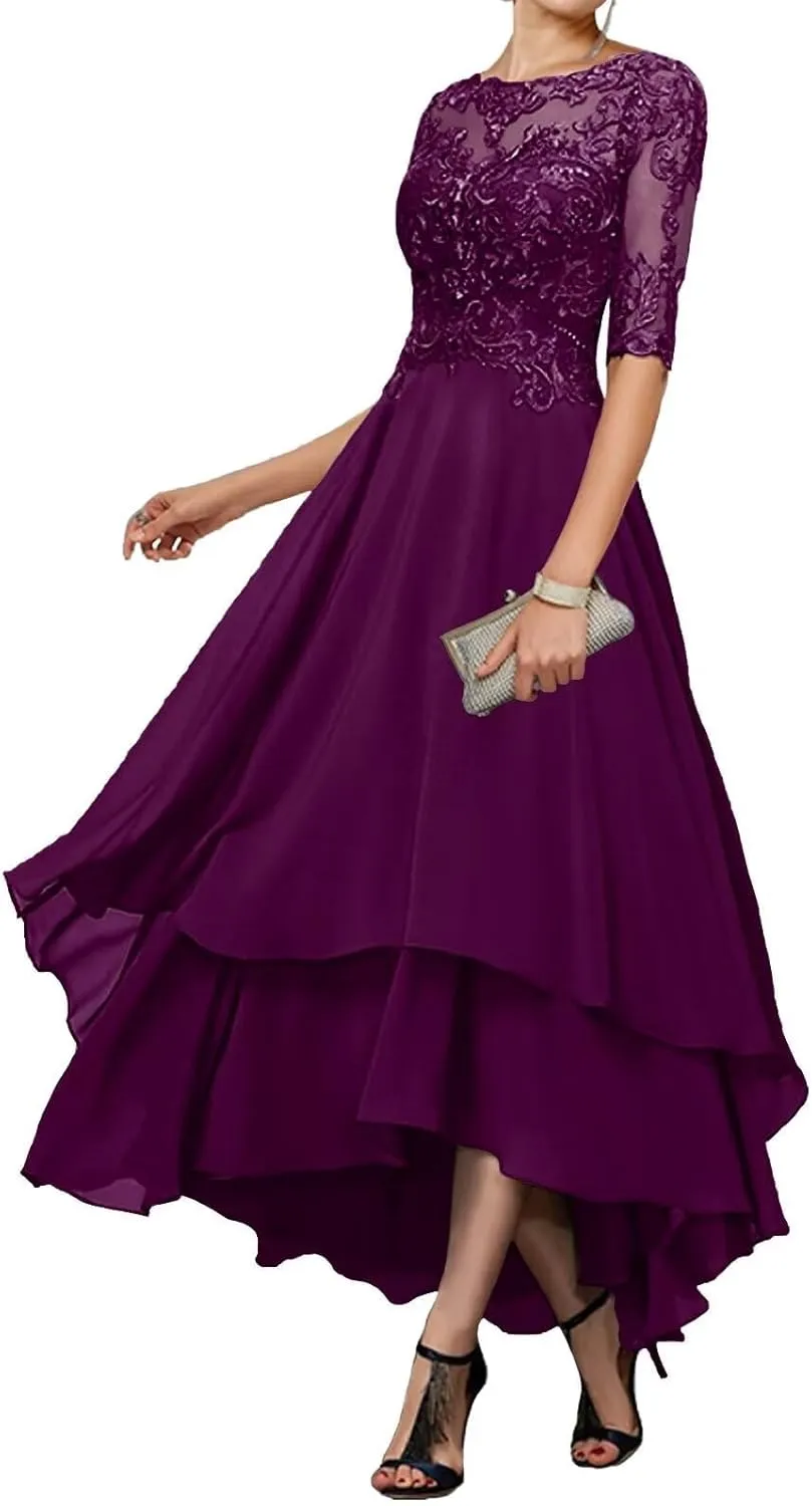 Mother-of-The-Bride-Dresses-for-Wedding Tea Length - Lace Tiered Chiffon Ruffled Formal Evening Gown