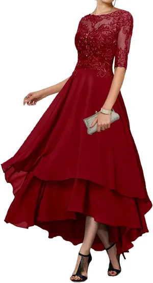 Mother-of-The-Bride-Dresses-for-Wedding Tea Length - Lace Tiered Chiffon Ruffled Formal Evening Gown