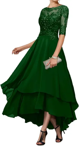 Mother-of-The-Bride-Dresses-for-Wedding Tea Length - Lace Tiered Chiffon Ruffled Formal Evening Gown