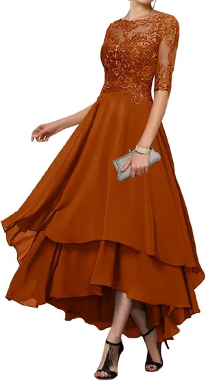 Mother-of-The-Bride-Dresses-for-Wedding Tea Length - Lace Tiered Chiffon Ruffled Formal Evening Gown