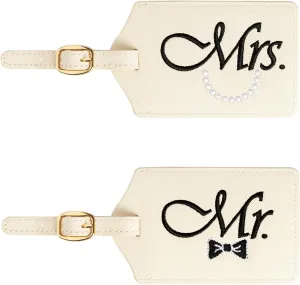 Mr and Mrs Embroidered Luggage Tags, Couples Travel Accessories, Honeymoon Suitcase Tags, Wedding Gift for Bridal Shower, Anniversary, Engagement (White Black Mr Bow Tie Mrs Necklace)