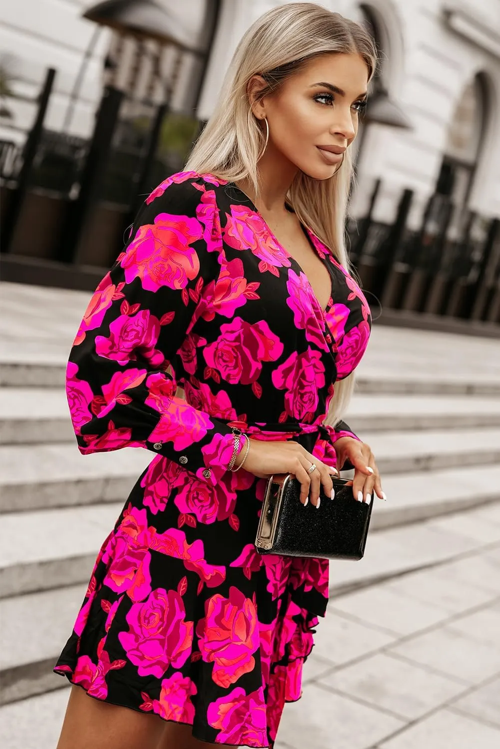 OCSTRADE Women's Rose Floral Print V Neck Wrap Bishop Sleeve Ruffle Tiered Mini Dress Casual 2024 Fall Outfits