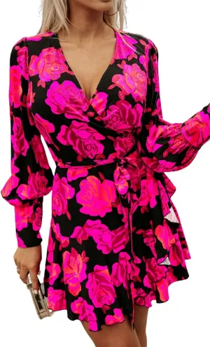 OCSTRADE Women's Rose Floral Print V Neck Wrap Bishop Sleeve Ruffle Tiered Mini Dress Casual 2024 Fall Outfits
