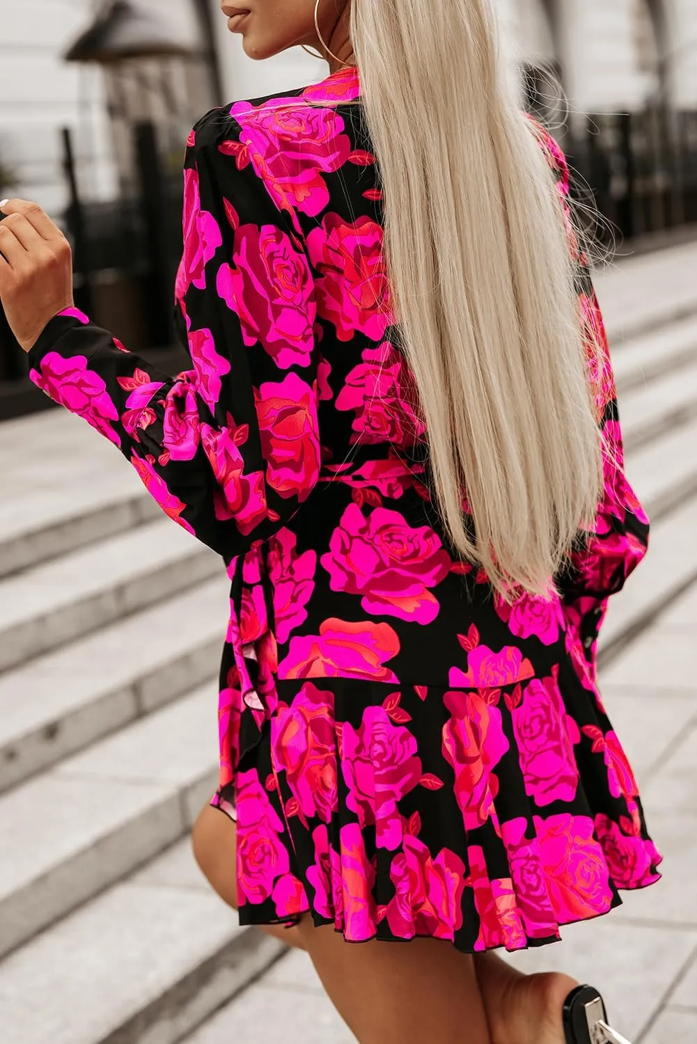 OCSTRADE Women's Rose Floral Print V Neck Wrap Bishop Sleeve Ruffle Tiered Mini Dress Casual 2024 Fall Outfits