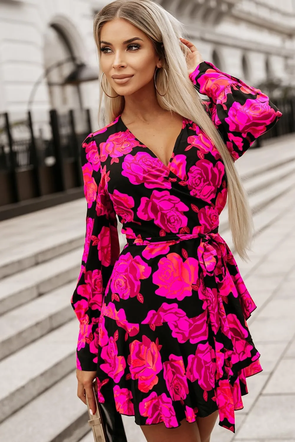OCSTRADE Women's Rose Floral Print V Neck Wrap Bishop Sleeve Ruffle Tiered Mini Dress Casual 2024 Fall Outfits