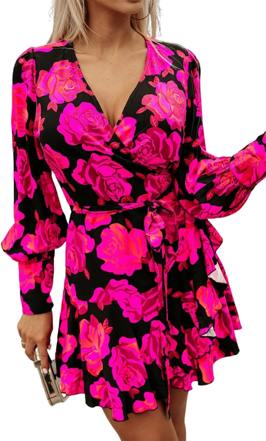 OCSTRADE Women's Rose Floral Print V Neck Wrap Bishop Sleeve Ruffle Tiered Mini Dress Casual 2024 Fall Outfits