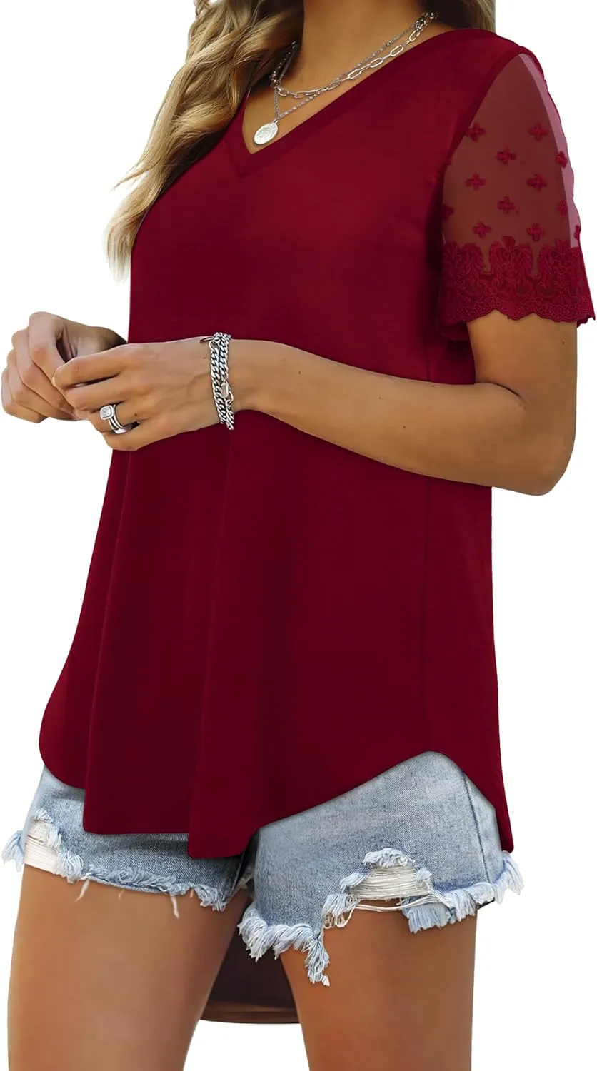 OFEEFAN Casual V Neck T Shirts for Women Lace Short Sleeve Curved Hem Tops Loose Fit