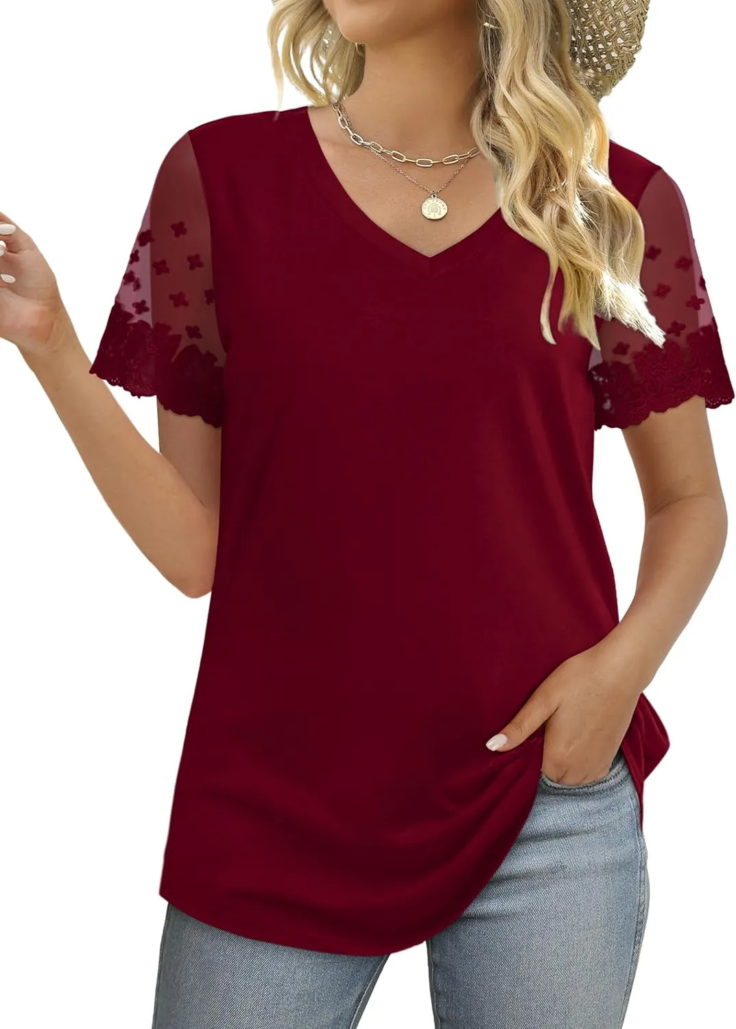 OFEEFAN Casual V Neck T Shirts for Women Lace Short Sleeve Curved Hem Tops Loose Fit