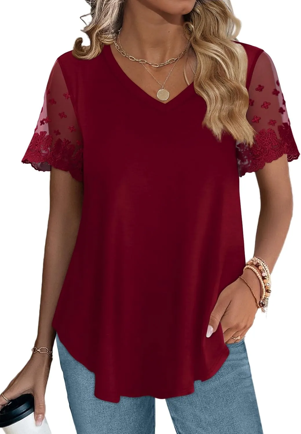 OFEEFAN Casual V Neck T Shirts for Women Lace Short Sleeve Curved Hem Tops Loose Fit