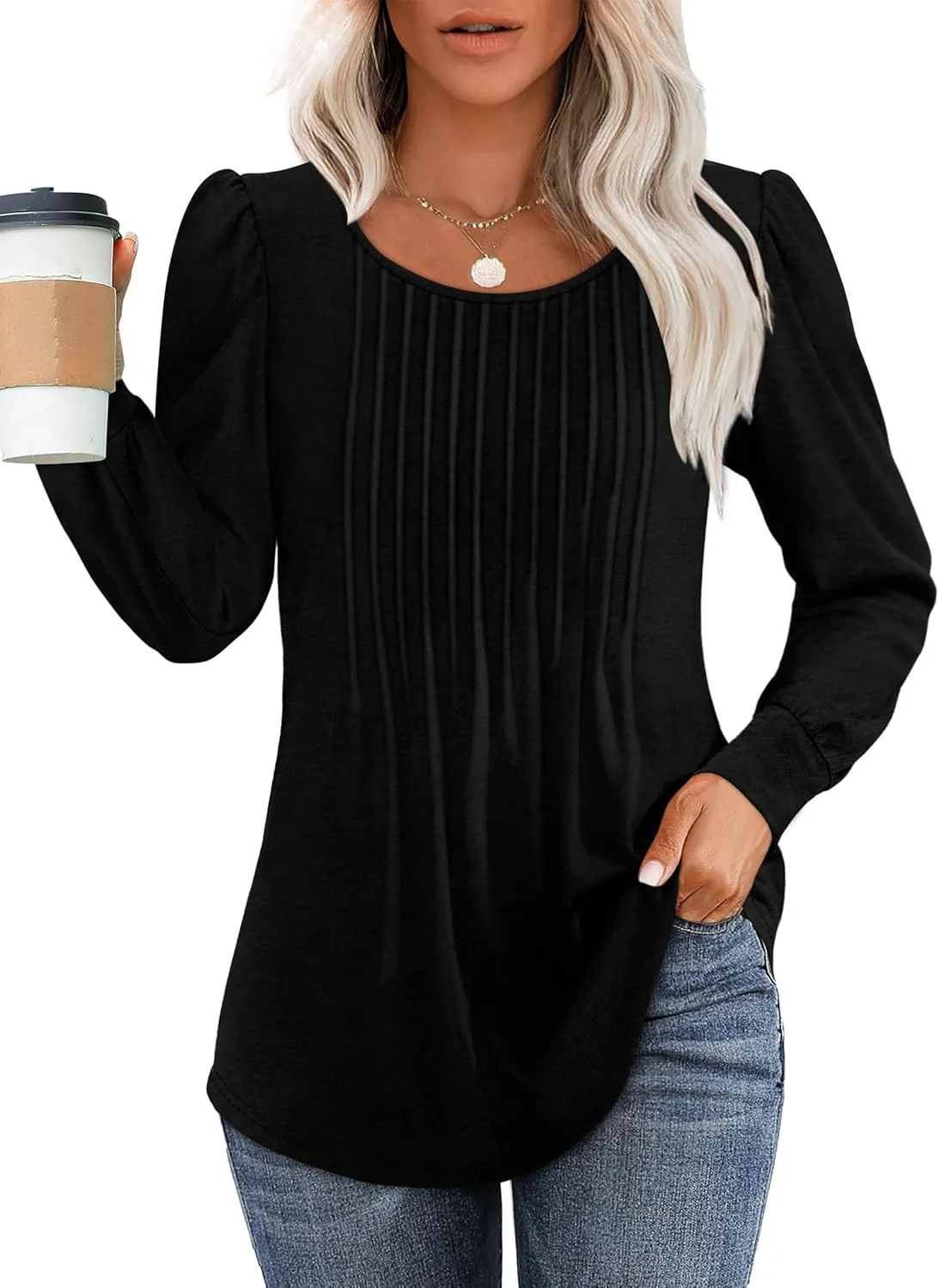 OFEEFAN Long Sleeve Shirts for Women Fall Tops Dressy Casual Blouses Pleated Scooped Neck Tunic Tops for Leggings