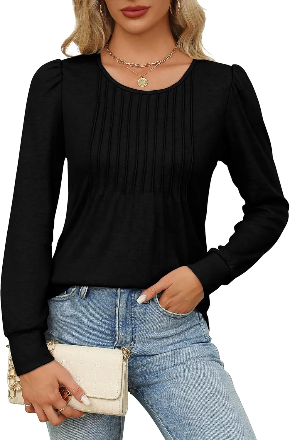 OFEEFAN Long Sleeve Shirts for Women Fall Tops Dressy Casual Blouses Pleated Scooped Neck Tunic Tops for Leggings