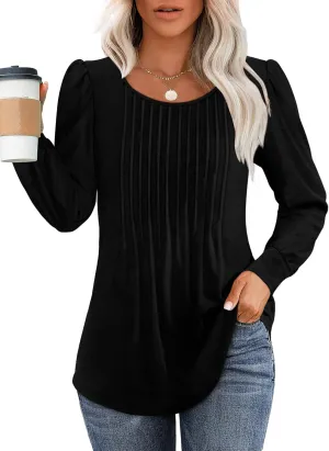 OFEEFAN Long Sleeve Shirts for Women Fall Tops Dressy Casual Blouses Pleated Scooped Neck Tunic Tops for Leggings