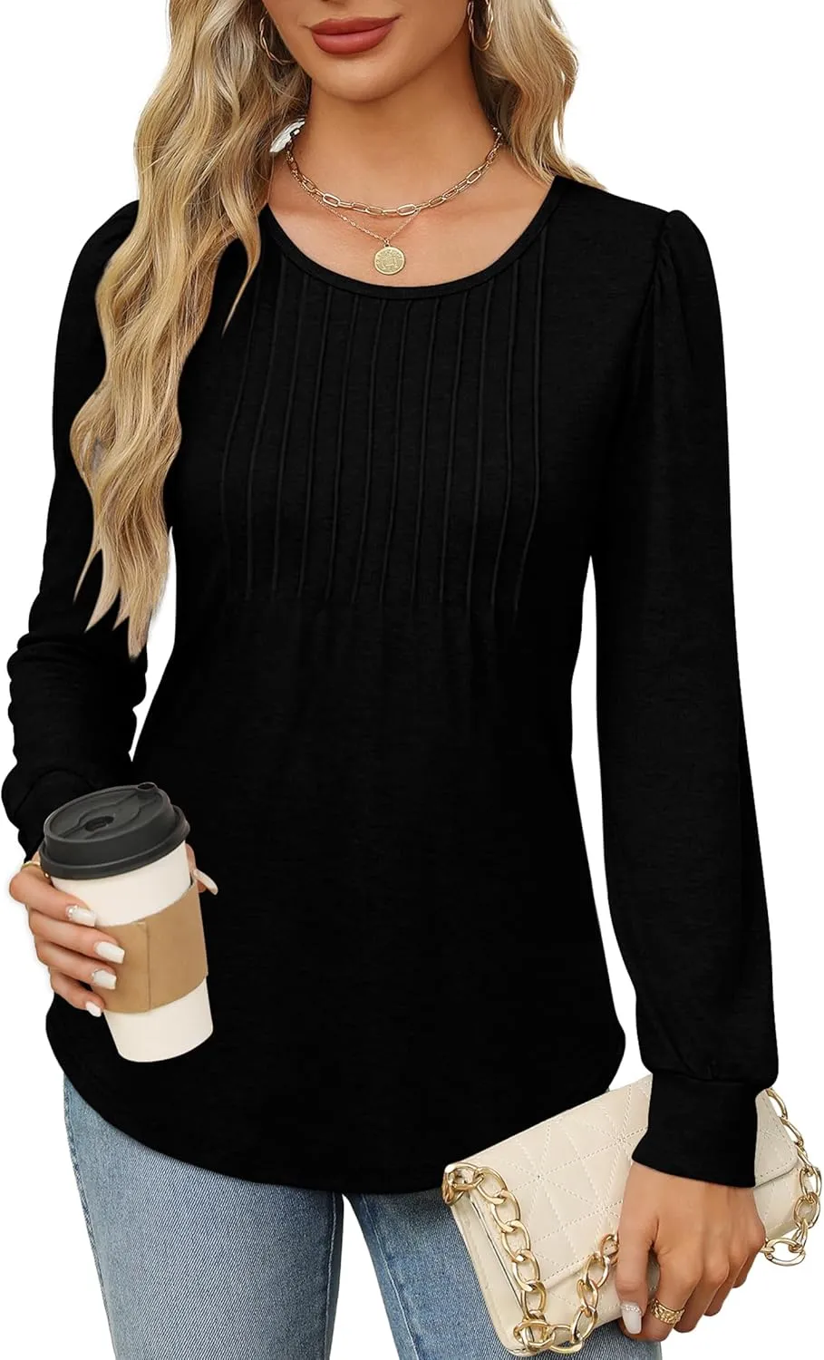 OFEEFAN Long Sleeve Shirts for Women Fall Tops Dressy Casual Blouses Pleated Scooped Neck Tunic Tops for Leggings