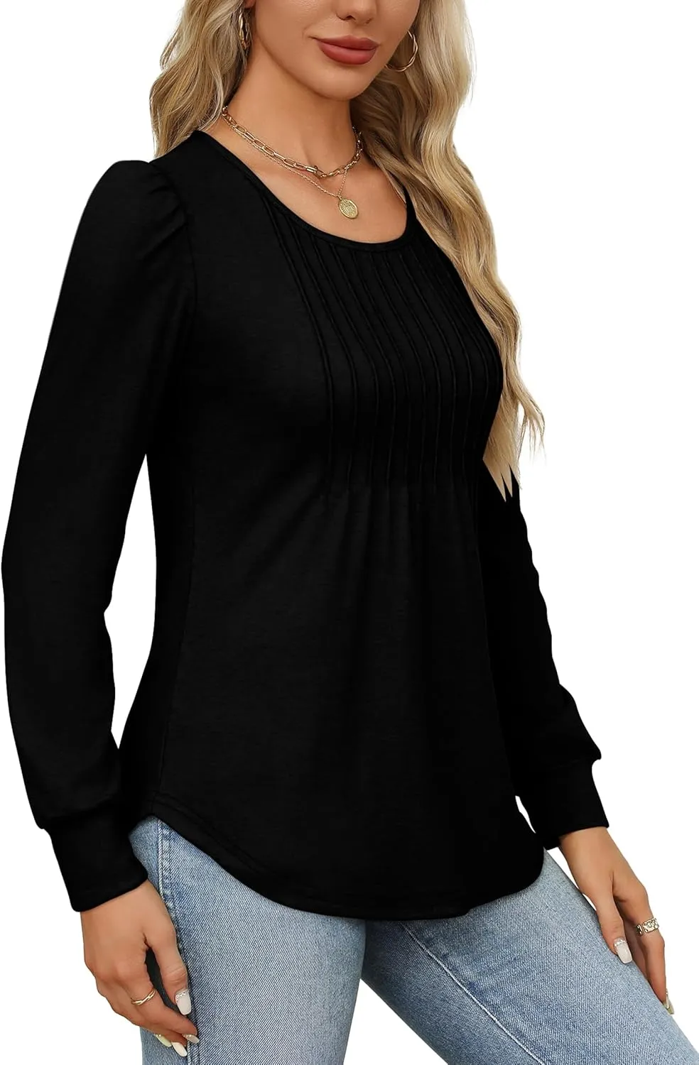 OFEEFAN Long Sleeve Shirts for Women Fall Tops Dressy Casual Blouses Pleated Scooped Neck Tunic Tops for Leggings