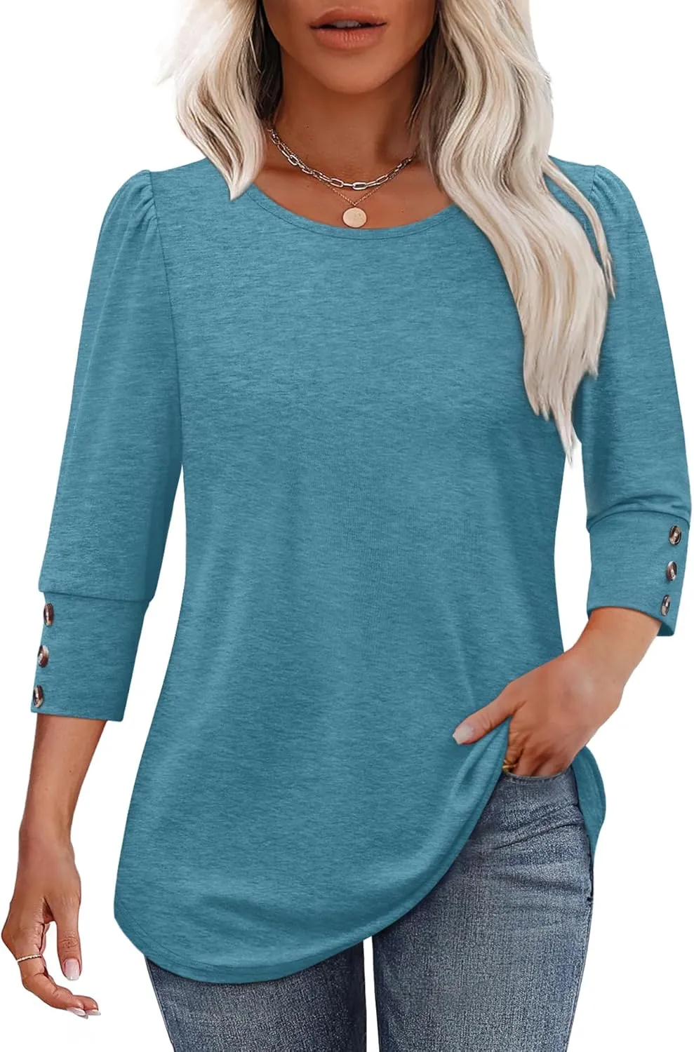 OFEEFAN Womens Tops 3/4 Sleeve with Buttons Dressy Casual Blouses Summer Outfits Beach Vacation Plus Size Spring Clothes