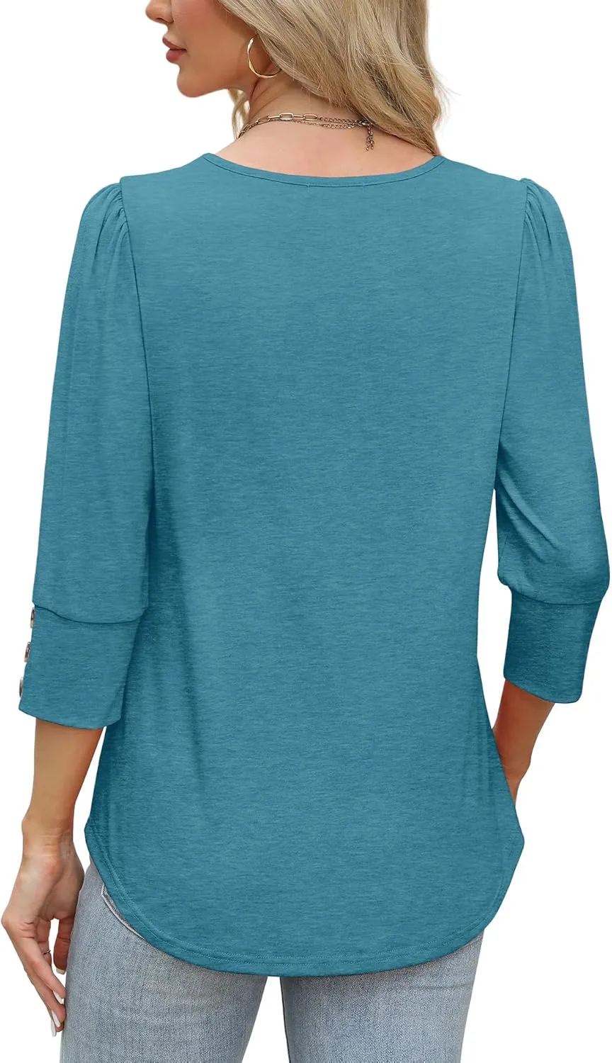OFEEFAN Womens Tops 3/4 Sleeve with Buttons Dressy Casual Blouses Summer Outfits Beach Vacation Plus Size Spring Clothes