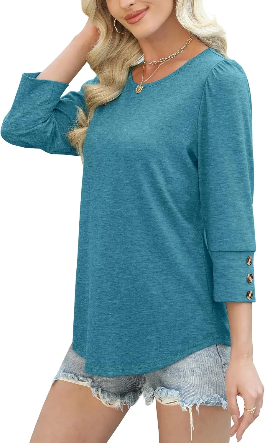 OFEEFAN Womens Tops 3/4 Sleeve with Buttons Dressy Casual Blouses Summer Outfits Beach Vacation Plus Size Spring Clothes