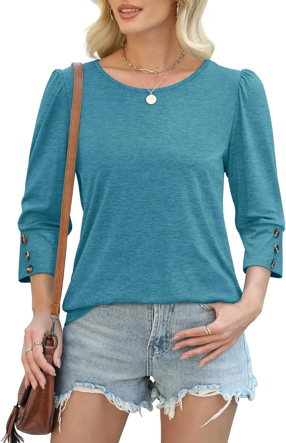 OFEEFAN Womens Tops 3/4 Sleeve with Buttons Dressy Casual Blouses Summer Outfits Beach Vacation Plus Size Spring Clothes