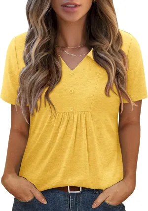 ONLYSHE Womens Summer Blouses Casual Short Sleeve Tunic Turndown V Neck Collar Loose Fit Tops