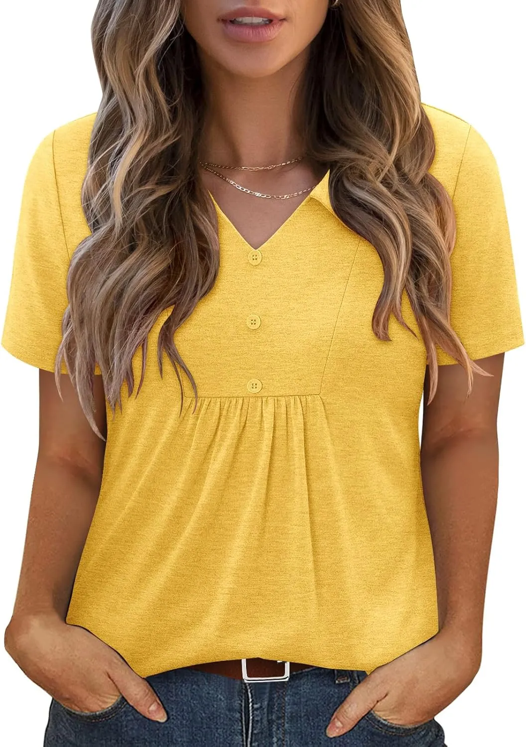 ONLYSHE Womens Summer Blouses Casual Short Sleeve Tunic Turndown V Neck Collar Loose Fit Tops