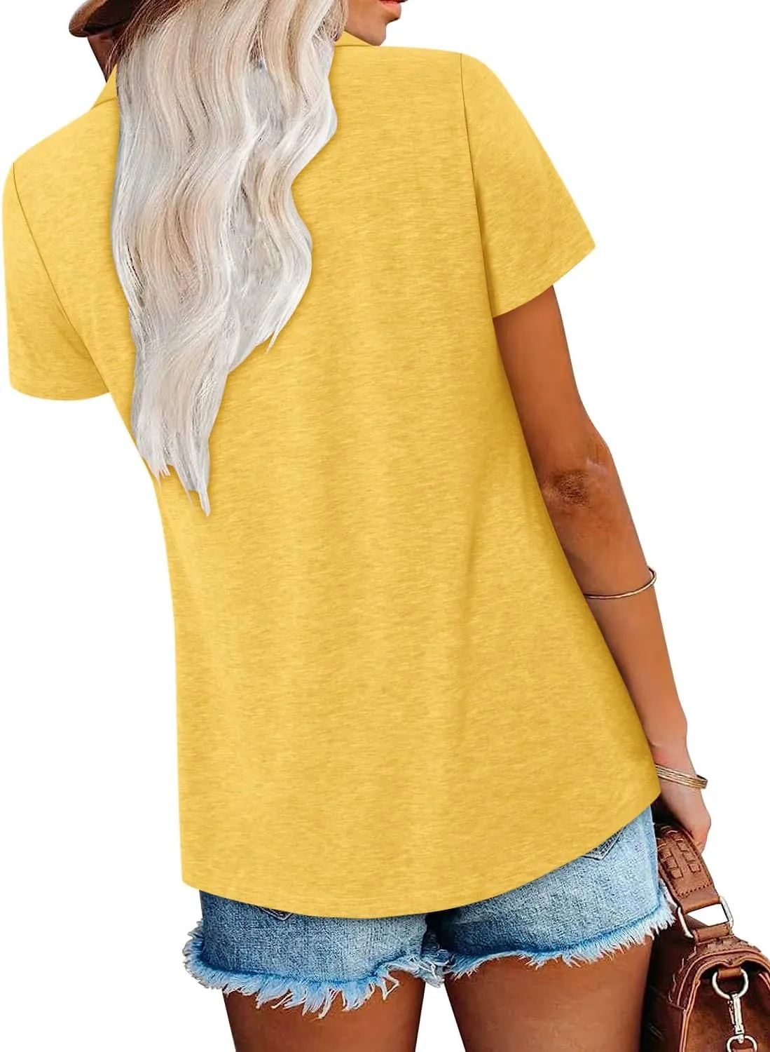 ONLYSHE Womens Summer Blouses Casual Short Sleeve Tunic Turndown V Neck Collar Loose Fit Tops