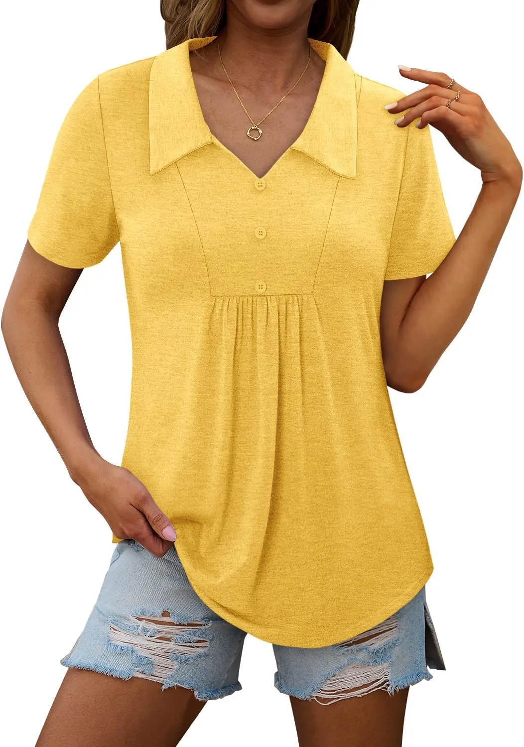 ONLYSHE Womens Summer Blouses Casual Short Sleeve Tunic Turndown V Neck Collar Loose Fit Tops