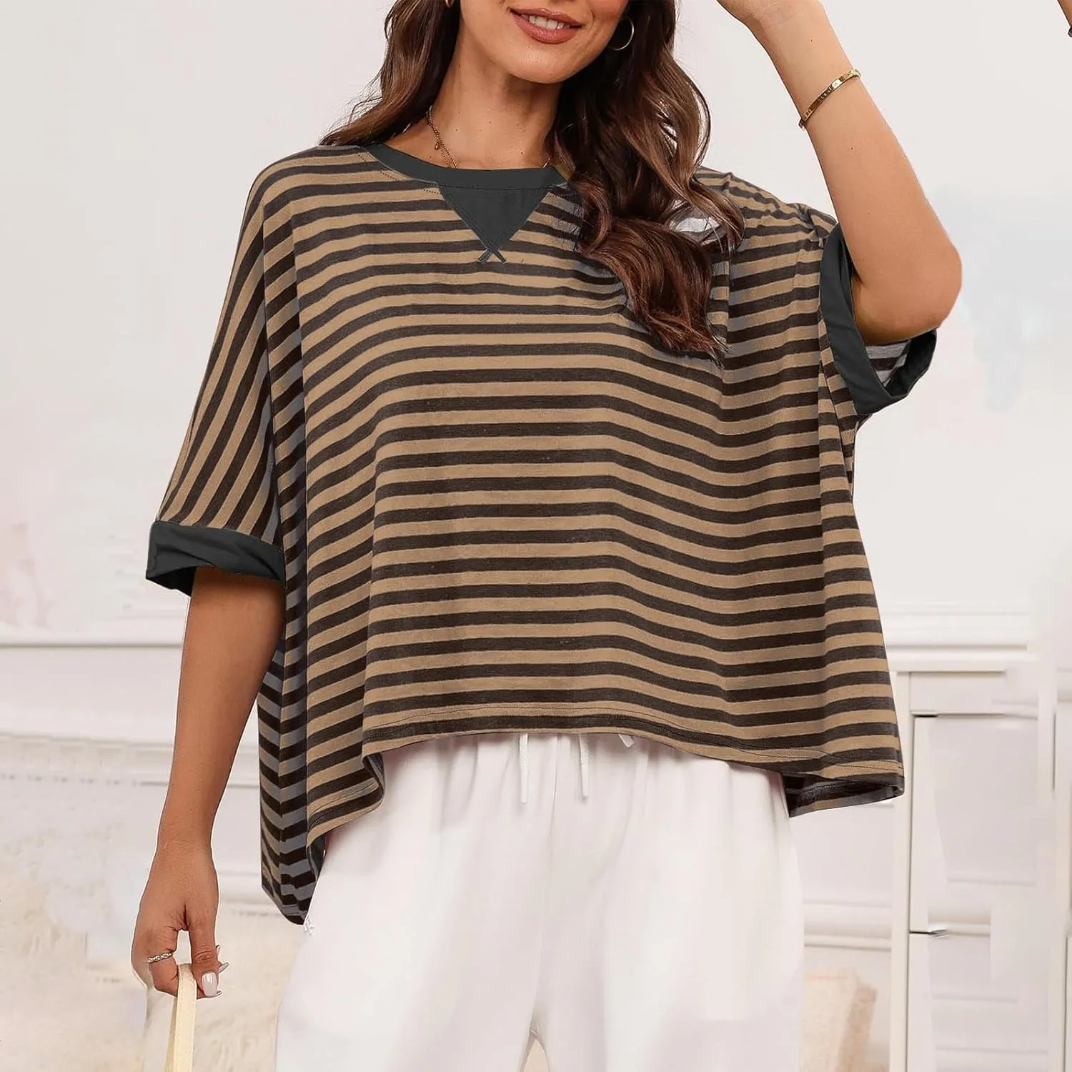 Oversized Tshirts for Women Crew Neck Striped Short Sleeve Blouses Casual Fashion Daily Womens Workout Tops