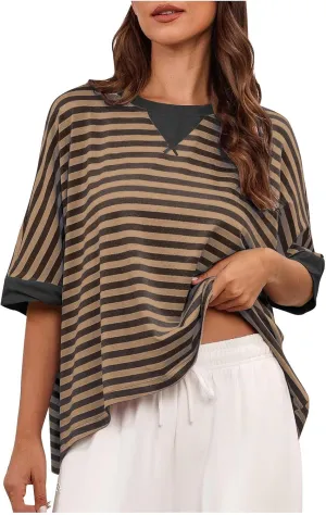 Oversized Tshirts for Women Crew Neck Striped Short Sleeve Blouses Casual Fashion Daily Womens Workout Tops