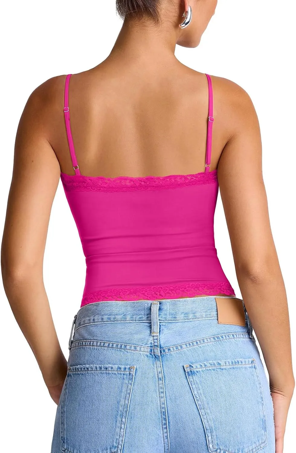 PINKMSTYLE Women's Sexy Square Neck Lace Cami Tank Tops Fitted Double Lined Sleeveless Crop Spaghetti Strap Summer Y2k Tops