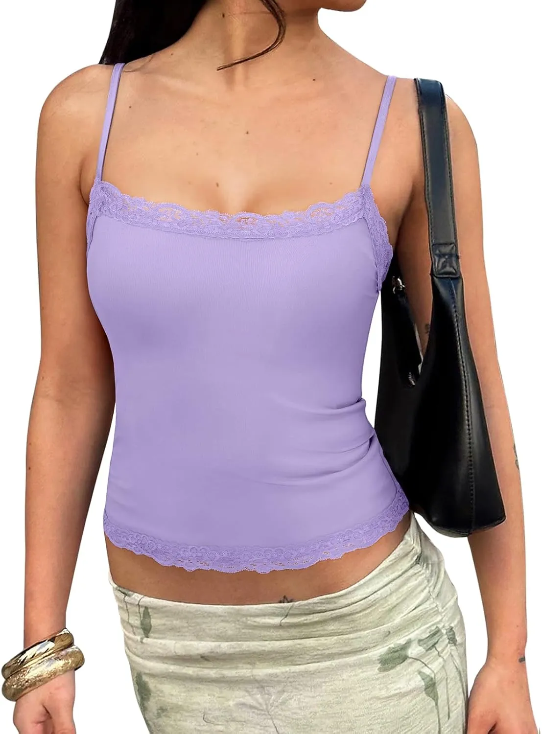 PINKMSTYLE Women's Sexy Square Neck Lace Cami Tank Tops Fitted Double Lined Sleeveless Crop Spaghetti Strap Summer Y2k Tops