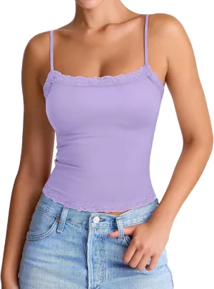 PINKMSTYLE Women's Sexy Square Neck Lace Cami Tank Tops Fitted Double Lined Sleeveless Crop Spaghetti Strap Summer Y2k Tops