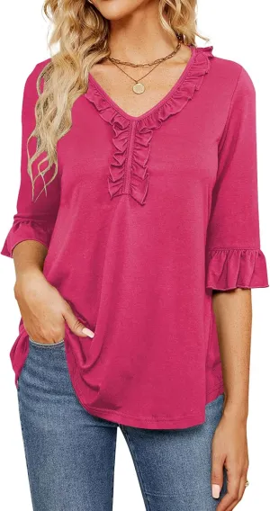 Poetsky Women's 3/4 Sleeve Tops Casual V Neck Shirts Loose Ruffle Tunic Blouses