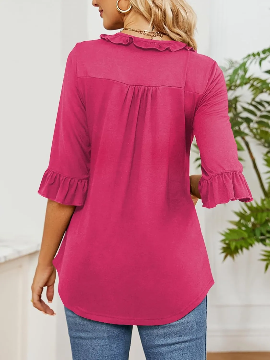 Poetsky Women's 3/4 Sleeve Tops Casual V Neck Shirts Loose Ruffle Tunic Blouses