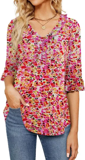 Poetsky Women's 3/4 Sleeve Tops Casual V Neck Shirts Loose Ruffle Tunic Blouses