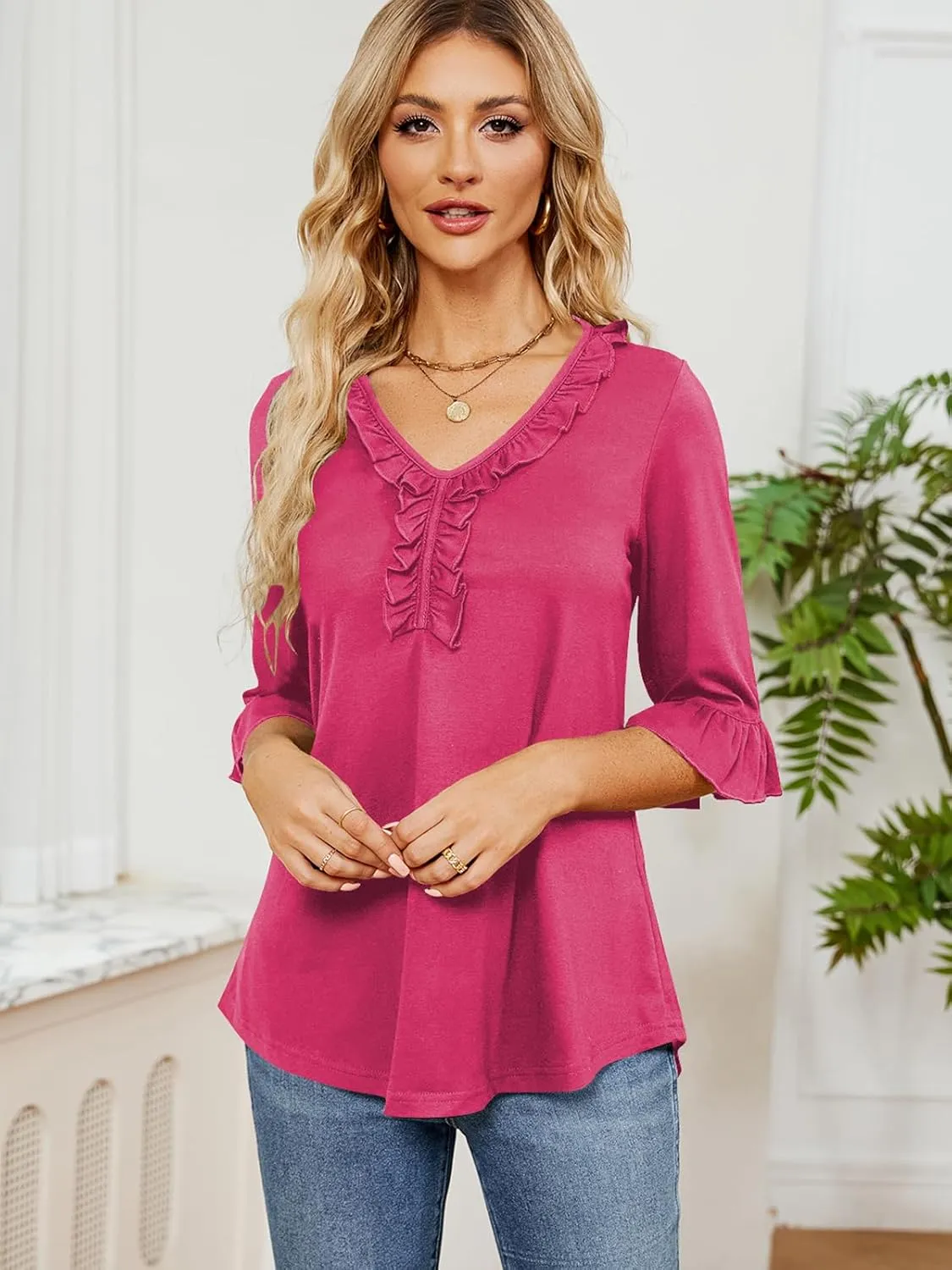 Poetsky Women's 3/4 Sleeve Tops Casual V Neck Shirts Loose Ruffle Tunic Blouses