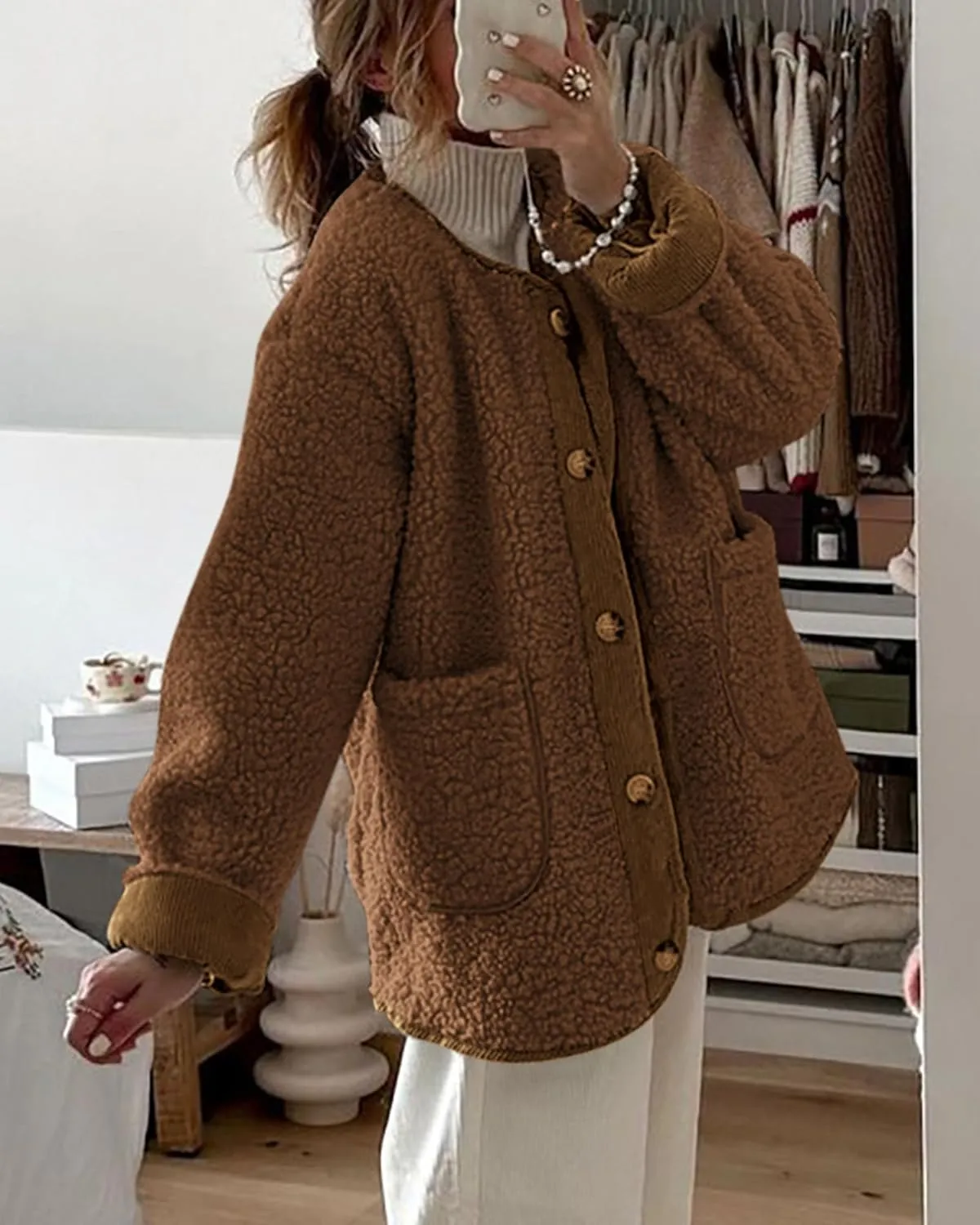 PRETTYGARDEN Women's Warm Winter Coats Casual Long Sleeve Button up Fuzzy Sherpa Fleece Jackets Outerwear