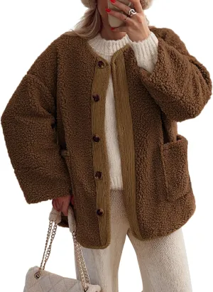 PRETTYGARDEN Women's Warm Winter Coats Casual Long Sleeve Button up Fuzzy Sherpa Fleece Jackets Outerwear